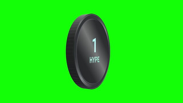3D spinning black cryptocurrency coin with HYPE text rotating on green screen background for digital finance.