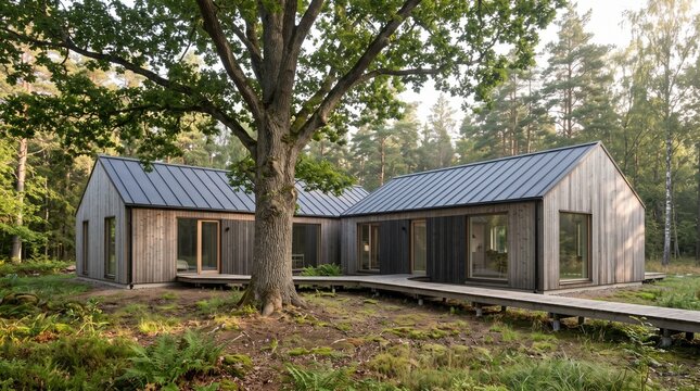 Timber home retained tree, Sweden landscape integrated architecture, Building wings around open soil, Raised walkway connecting domestic entrances, Clear trunk separation