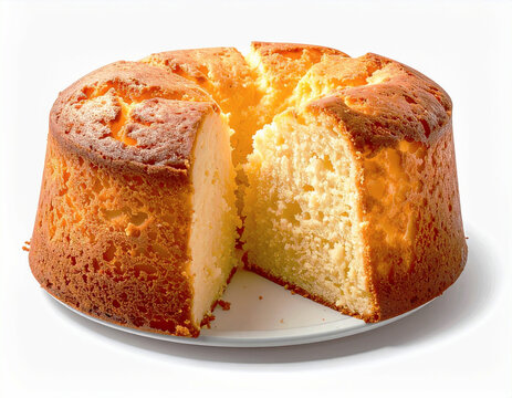 Angel food cake with a light airy texture, white background. AI