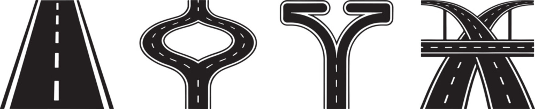 road highway icon, A collection of four distinct black and white road icons featuring straight paths roundabouts forks and a suspension bridge design