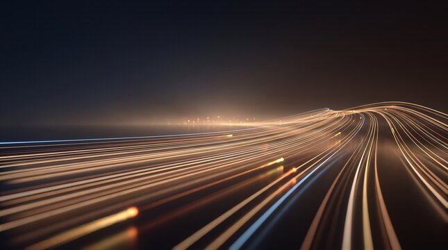 Abstract background image of parallel golden light tracks bending towards a glowing horizon, symbolizing high-speed digital communication and optical data transmission