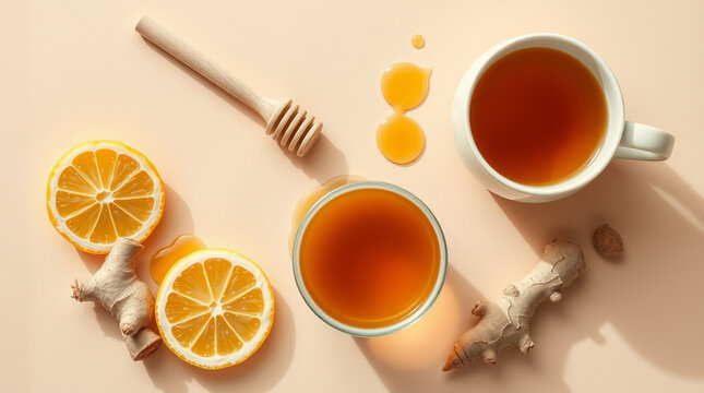 Healthy immune boosting concept with ginger lemon tea, honey and mint leaves for winter wellness remedies
