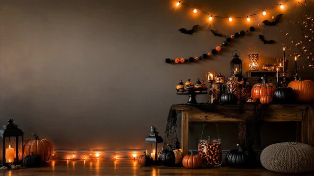 Halloween decor with pumpkins, bats and festive garlands. Seasonal party display. Autumn holiday celebration. Copy space for greeting cards and invitations.