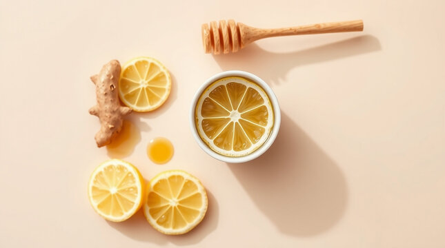 Healthy immune boosting concept with ginger lemon tea, honey and mint leaves for winter wellness remedies

