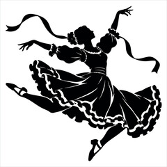 Ballerina silhouette dancing gracefully with flowing skirt and ribbons in elegant ballet pose for performance and artistic expression vector. © MSBcollection