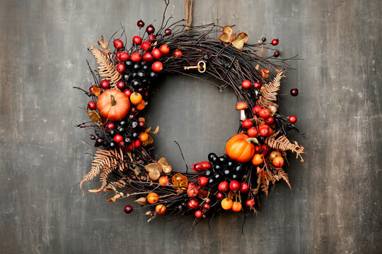 Enchanted Forest Halloween Wreath with Copper Pumpkins and Dark Berries