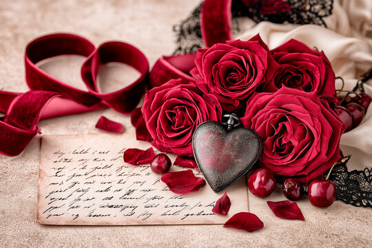 Gothic Valentine's Day Still Life with Burgundy Roses and Velvet