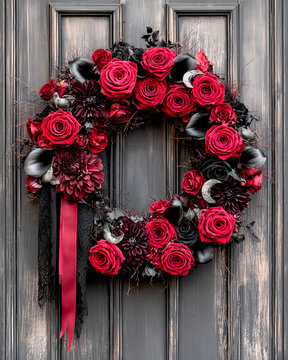 Victorian Gothic Halloween Wreath with Burgundy Roses and Black Lace