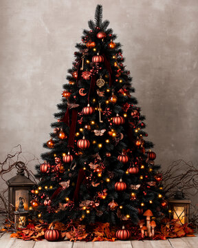 Enchanted Forest Halloween Tree with Copper Pumpkins and Amber Lights
