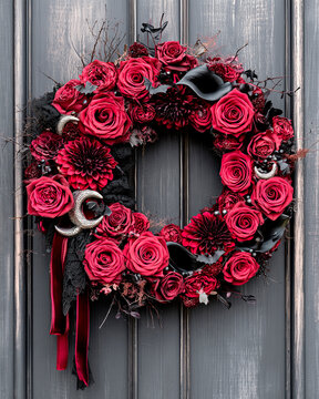 Victorian Gothic Halloween Wreath with Burgundy Roses and Black Lace