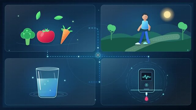Animated infographic panels illustrating healthy lifestyle habits with fresh vegetables and medical monitoring technology