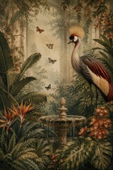 Naklejka premium Elegant crane amid lush tropical garden, butterflies, fountain
