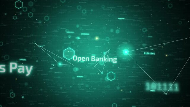 Abstract digital financial technology background with open banking and crypto assets text overlaid on binary code matrix