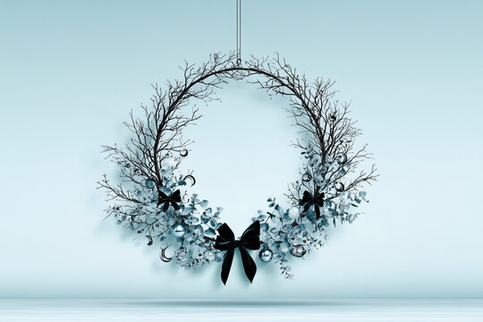 Minimalist Gothic Halloween Wreath with Black Velvet and Silver Leaves