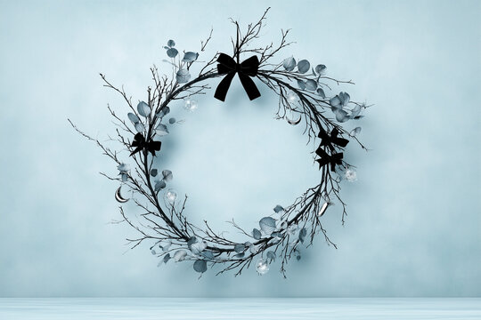 Minimalist Gothic Halloween Wreath with Black Velvet and Silver Leaves