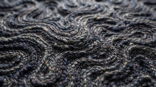 Dark grey knitted wool fabric texture with wavy pattern for cozy