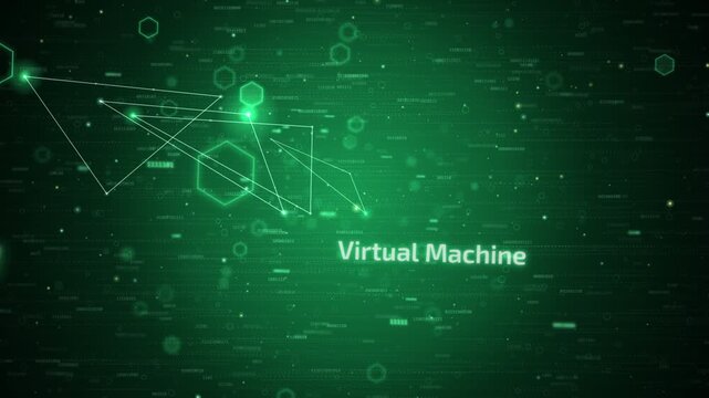 Abstract digital technology background with glowing green data streams and glowing text concepts