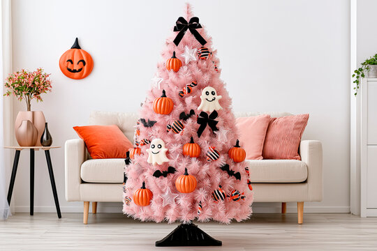Whimsical Lavender Halloween Christmas Tree with Orange Pumpkins