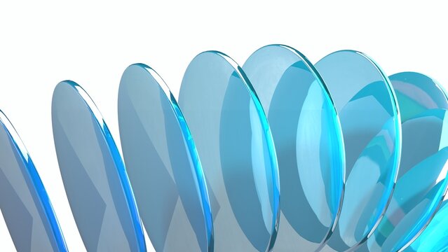 Abstract 3D Background Featuring Transparent Blue Glass Discs Arranged In A Dynamic Spiral Pattern Representing Scientific Precision And Digital