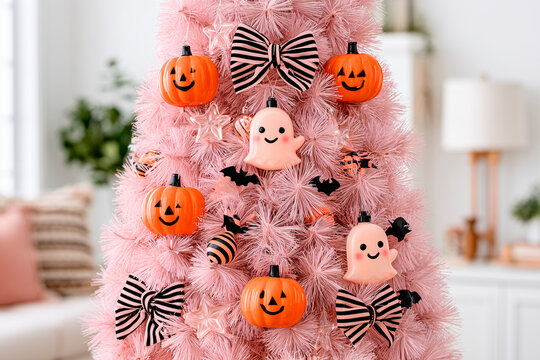 Whimsical Lavender Halloween Christmas Tree with Orange Pumpkins