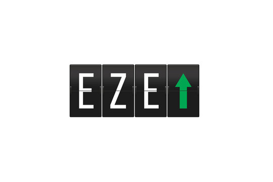 EZE airport code on a split-flap departure board with green upward arrow, retro analog display symbolizing departures, rising activity and global travel on transparent background