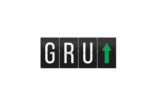 GRU destination code and green arrow on a retro split-flap display, symbolizing travel, departure, and directions at an airport terminal, presented on a transparent background