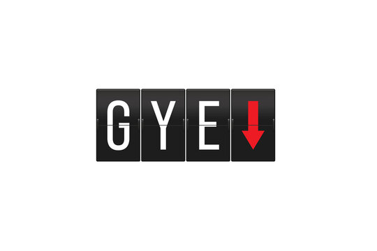 GYE airport code displaying on a retro split-flap board with a red down arrow, symbolizing arrivals or flight information, on a transparent background