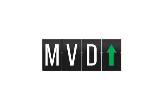 Montevideo airport code MVD on a black split-flap display board showing a green up arrow, representing departures or upward travel direction, with a transparent background