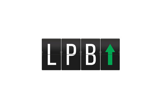 LPB airport code on a retro split-flap display with green upward arrow, symbolizing departures, travel and journey information, isolated on a transparent background for design use