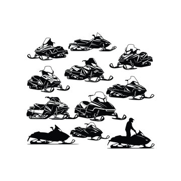 Black and white collection of snowmobiles