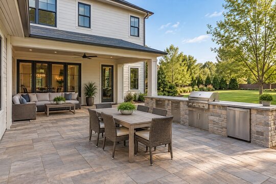 Outdoor patio dining table and built-in kitchen grill station situated behind a large suburban luxury residence.