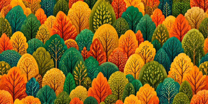 Seamless pattern of colorful autumn forest trees with orange yellow