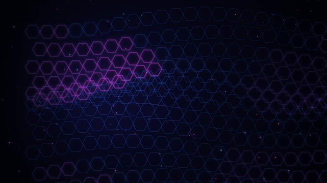 Neon hexagon grid motion background, abstract digital technology pattern with glowing particles and cyberpunk aesthetics for modern visual projects