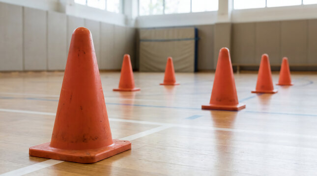 Orange training cones on wooden floor in indoor gymnasium.