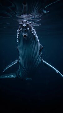 A glowing whale swimming through dark ocean waters, faint neon blue patterns along its body