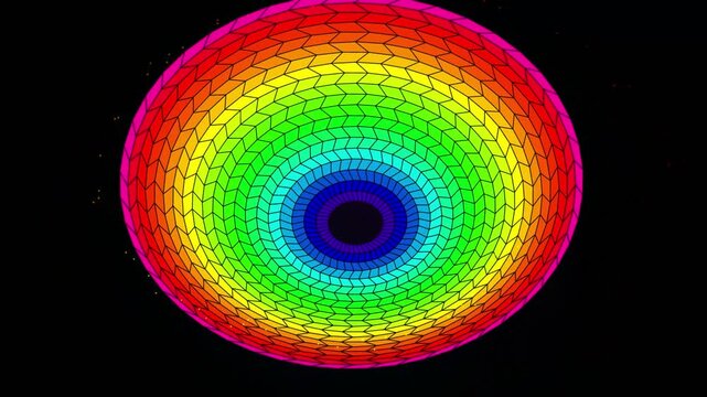 A vibrant rainbow colored spiral tunnel pattern glowing against a dark black background