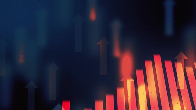 Glowing red arrow arrow pointing upward and with red bar graph. hi tech with dark background, symbolizing business growth, success, and progress. Ideal for finance, marketing, and technology