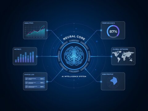 Futuristic ai neural core infographic with cybernetic brain interface, data analytics, global network map, and performance metrics