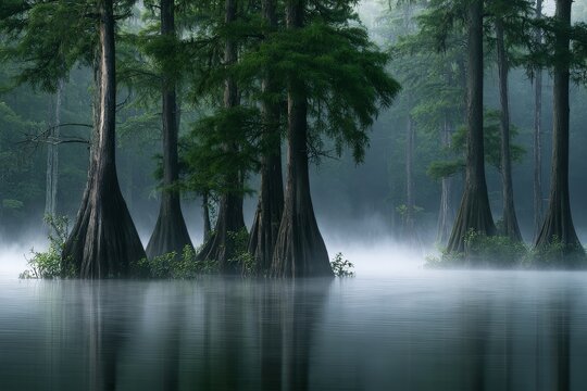 Close view of bald cypress trees in a flooded swamp on a tidy surface