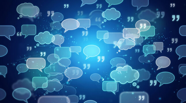 Abstract background with glowing speech bubbles and quotation marks representing communication and social media connection
