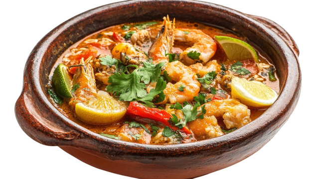 Traditional clay bowl filled with spicy shrimp stew garnished with fresh cilantro and lime wedges isolated on a solid black background