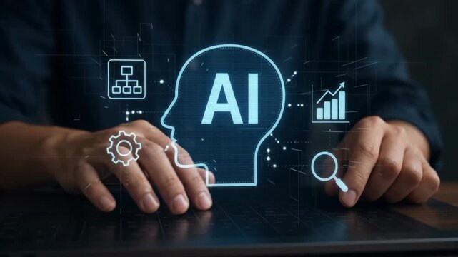 Hands typing on laptop below floating AI head silhouette surrounded by mindmap gear and chart