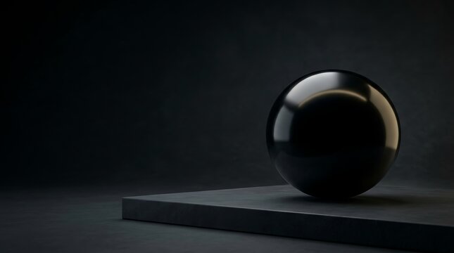Black sphere on a dark surface with dramatic lighting and negative space