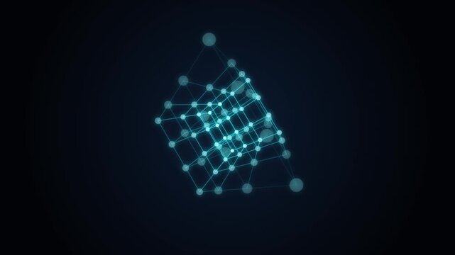 Rotating 3 d geometric cube structure with glowing nodes and connecting lines, abstract digital technology background