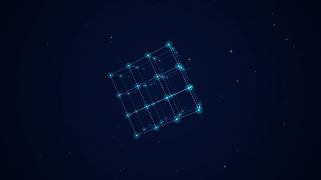 Rotating digital data cube abstract background, futuristic network connection structure, glowing blue tech nodes and lines animation