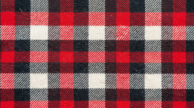 Close up of a red black and white plaid flannel textile weave with a soft textured surface.