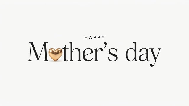 Happy mothers day typography greeting card with a 3d golden heart isolated on white background