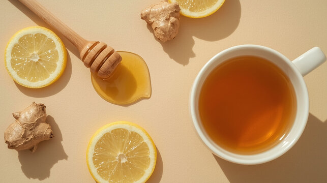 Healthy immune boosting concept with ginger lemon tea, honey and mint leaves for winter wellness remedies
