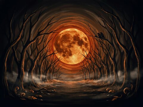 Spooky halloween full moon in dark forest, glowing orange harvest moon with bare trees and mist