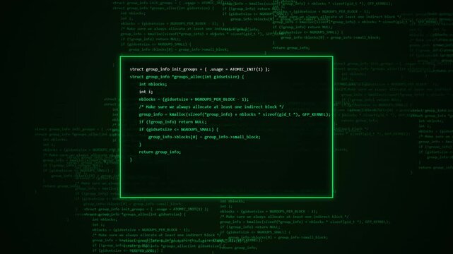 An abstract motion graphics background featuring glowing green matrix programming code streams, syntax highlighting, and a central terminal window, created with HTML5 canvas and JavaScript.